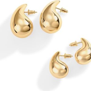 PAVOI 14K Gold Plated 925 Sterling Silver Post Teardrop Chunky Hoop Earrings - Lightweight Drop Earrings for Women - Designer Dupe