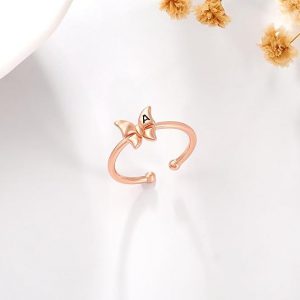Butterfly Initial Rings for Women, Rose Gold Plated Initial Rings Adjustable Rings for Women Alphabet Initial Letter Rings Stackable Rings for Women Jewelry Gifts for Women (Letter A)