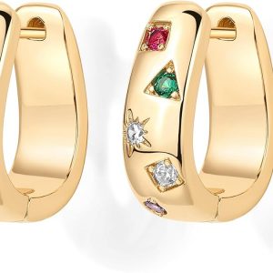 PAVOI 14K Gold Plated 925 Sterling Silver Posts Chunky Huggie Earrings for Women | Multi-Colored Cubic Zirconia Statement Hoop Earrings