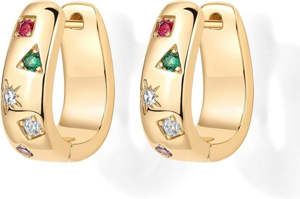 PAVOI 14K Gold Plated 925 Sterling Silver Posts Chunky Huggie Earrings for Women | Multi-Colored Cubic Zirconia Statement Hoop Earrings
