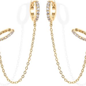 PAVOI 14K Gold Chain Earrings for Women | Double Piercing Dangle Chain Huggie Hoop Earrings | Cubic Zirconia Pearl Stud Ear Cuff Earrings for Women