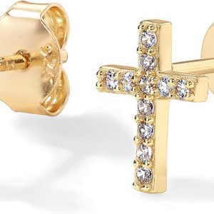 PAVOI 14K Gold Plated Sterling Silver Posts Cross Earrings for Women | Small Religious Faith Cubic Zirconia Cross Studs Huggies Earrings