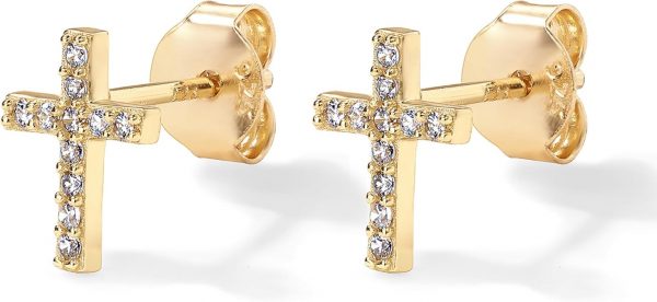 PAVOI 14K Gold Plated Sterling Silver Posts Cross Earrings for Women | Small Religious Faith Cubic Zirconia Cross Studs Huggies Earrings
