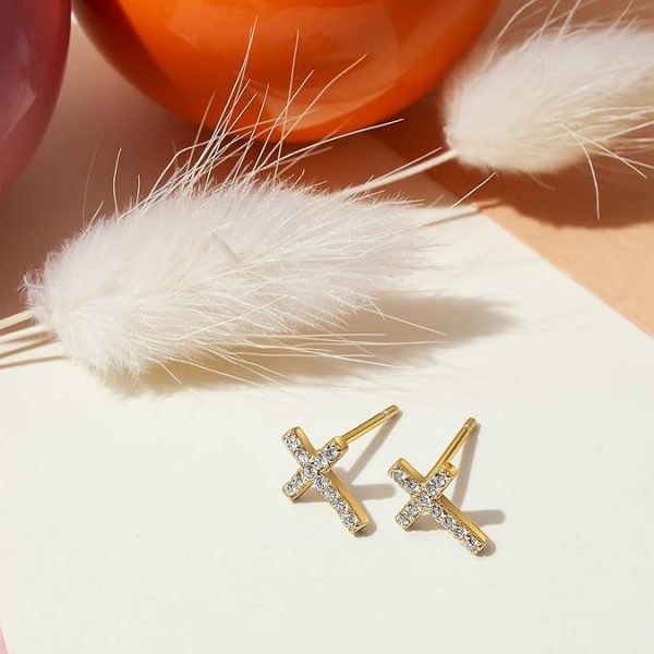 PAVOI 14K Gold Plated Sterling Silver Posts Cross Earrings for Women | Small Religious Faith Cubic Zirconia Cross Studs Huggies Earrings - Image 3