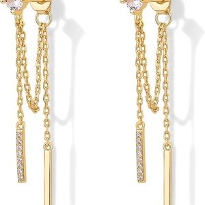 PAVOI 18K Gold Plated Sterling Silver Posts Drop Dangle Chain Earrings for Women | Dangling Chain Studs | Cubic Zirconia Ball Threader Earscapes Earrings