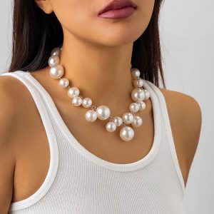 Faux Pearl Necklace for Women Big Pearl Necklace Chunky Pearl Necklace Exaggerated Large Pearl Choker Necklace Dainty Statement Bride Wedding Jewelry Gifts (silver)